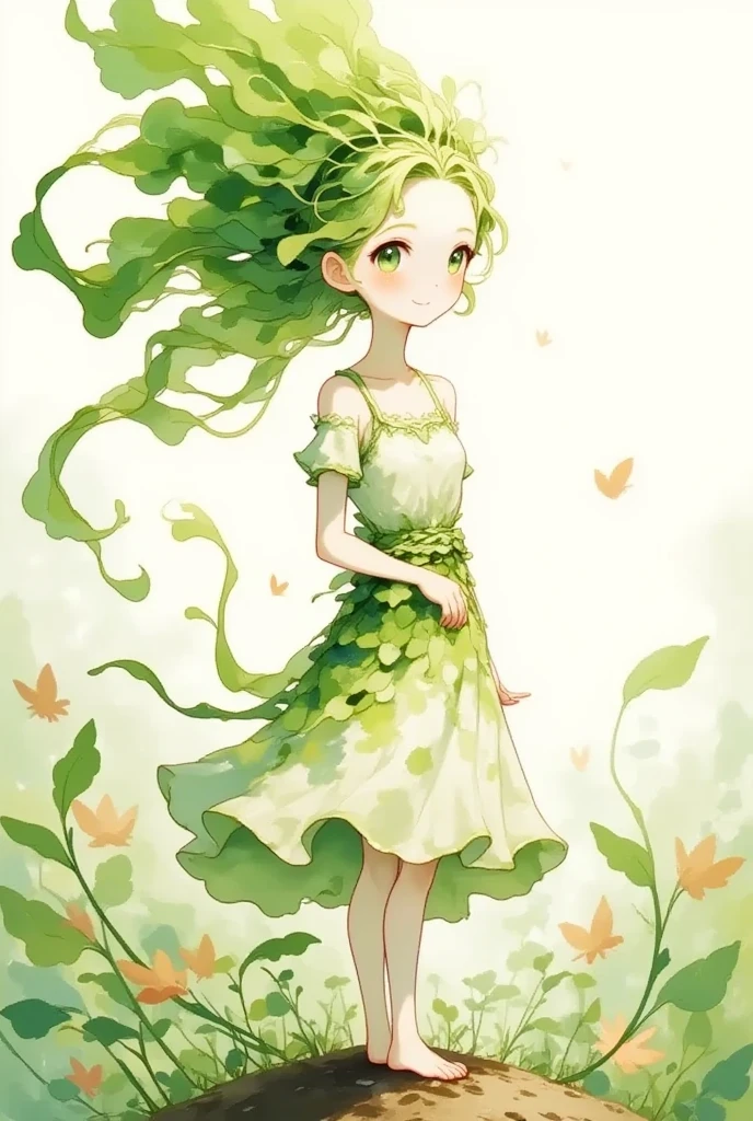 1 daikon lady, solo, upper body, Standing, contrapposto, Green eyes, Green leaves long hair, bangs, pure white skin, wearing green camisole one-piece long dress over white short sleeve T-shirt, smile