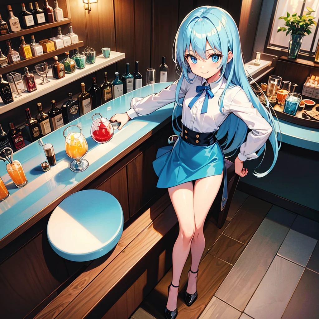 character sitting on a bar counter while holding a glass of cocktail, 1girl, solo, light blue hair, long hair, light blue eyes, flat chest, slim figure, smile, drinking glass, shirt, skirt, bar (place), perfect anatomy