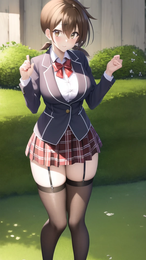 masterpiece, best quality, highres, looking at viewer, girl, solo, issei_hyoudou, brown hair, brown eyes, hair between eyes, large breasts, red bow, striped bow, blazer, blue jacket, long sleeves, plaid skirt, Brown skirt, black thighhighs, outdoors, cowboy shot, standing, looking at viewer,