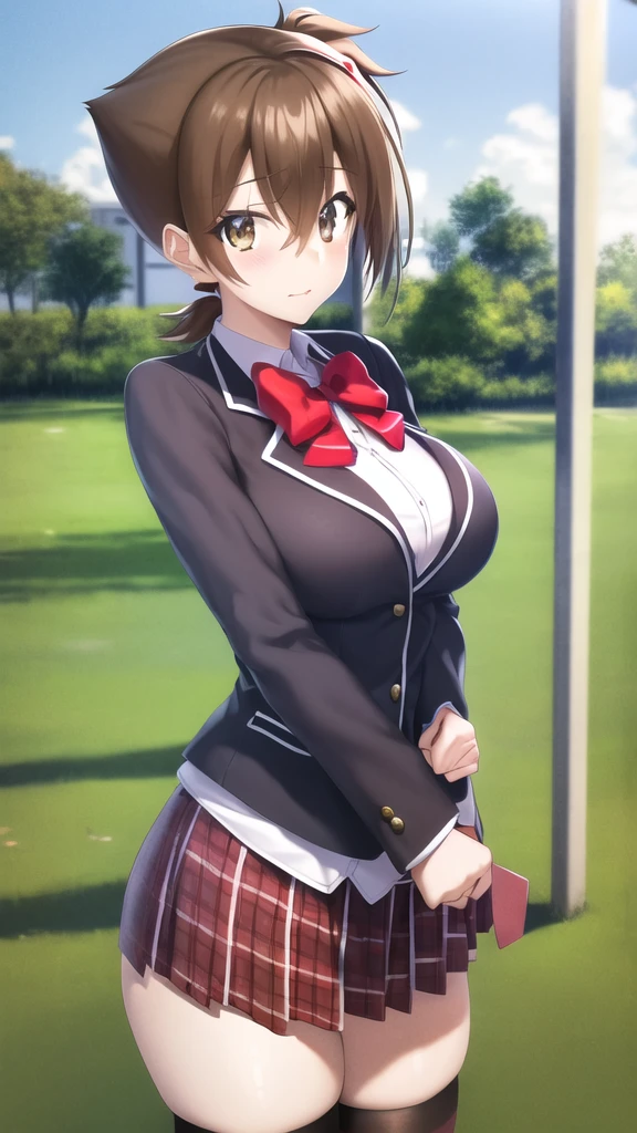 masterpiece, best quality, highres, looking at viewer, girl, solo, issei_hyoudou, brown hair, brown eyes, hair between eyes, large breasts, red bow, striped bow, blazer, blue jacket, long sleeves, plaid skirt, Brown skirt, black thighhighs, outdoors, cowboy shot, standing, looking at viewer,