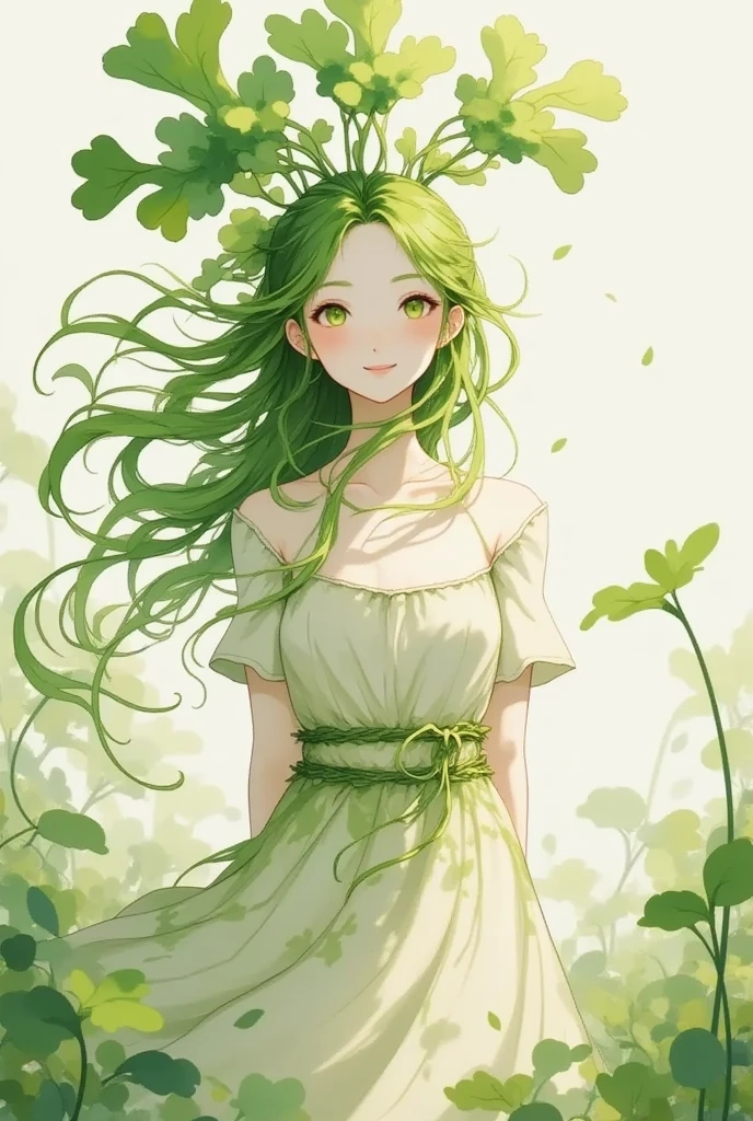 1 daikon lady, solo, Portrait shoot, Upper body, Standing, contrapposto, Green eyes, Green leaves long hair, bangs, pure white skin, wearing green camisole one-piece long dress over white short sleeve T-shirt, smile