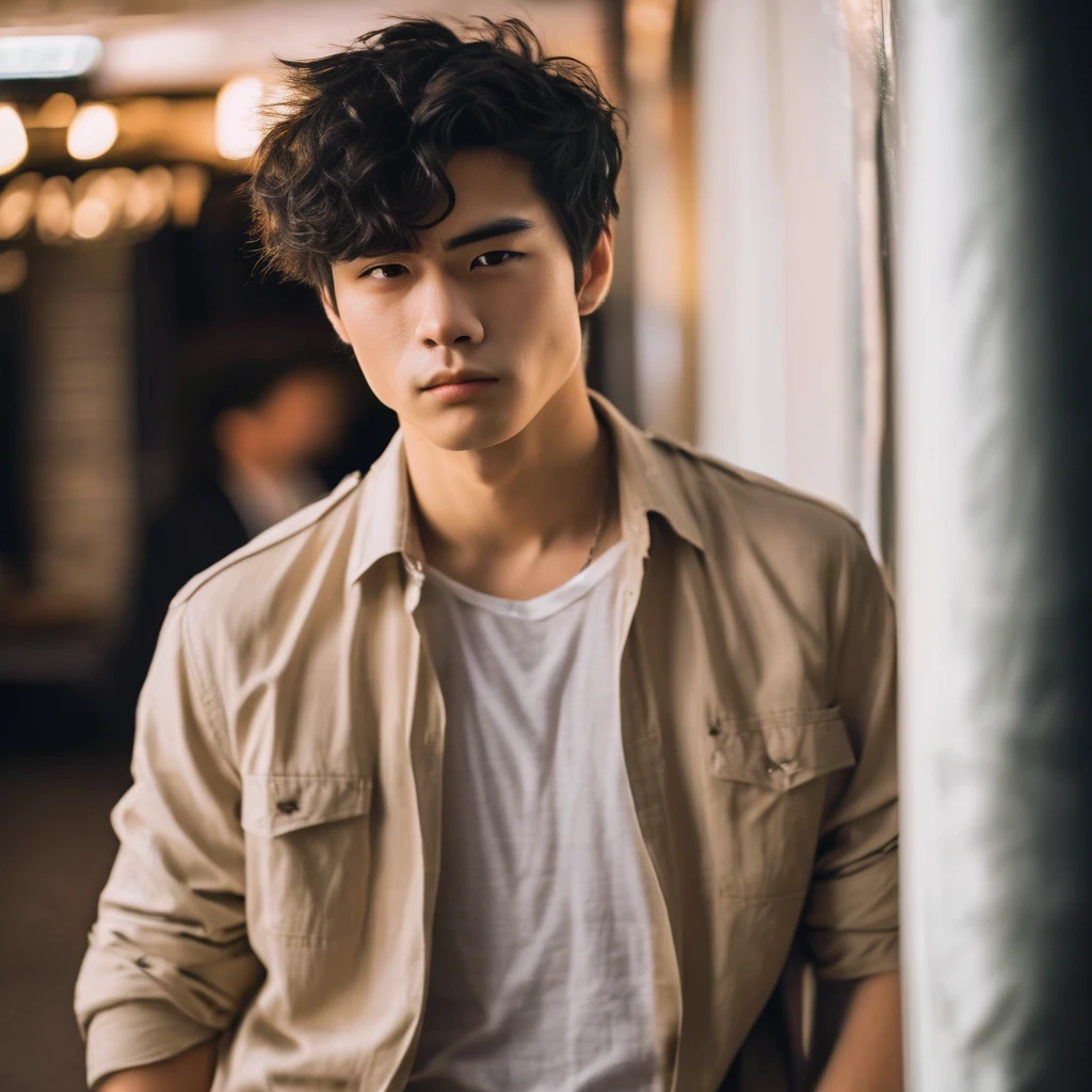 Professional portrait photography of a 20-year-old handsome man with black hair in a nightlife setting during the afternoon, captured with a Nikon Z9 camera. The man has a youthful, confident expression with subtle details, wearing modern casual clothing suitable for an evening out. His hair is short and neatly styled. The scene is set in a lively but not crowded urban environment, with ambient lighting that creates an exciting yet relaxed atmosphere. The image should capture sharp details, including the skin texture, facial features, and the quality of the clothing, with a focus on the natural lighting typical of late afternoon, enhancing the contrast between shadows and highlights for a cinematic feel.