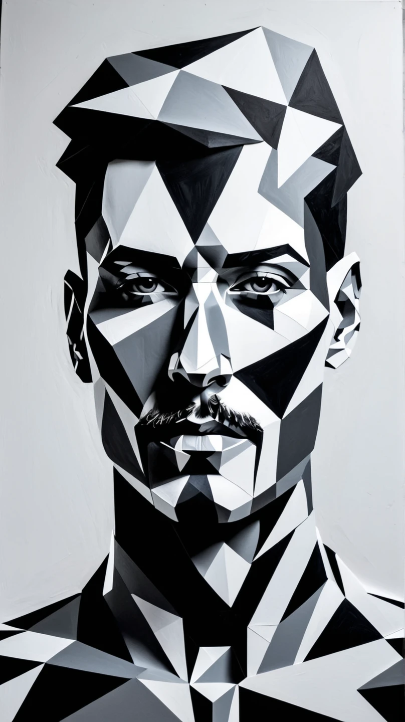 monochromatic, abstract, geometric man portrait made out of shapes 