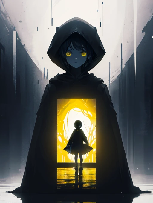 
“Create a dark and atmospheric illustration of a young girl inspired by the character Six from Little Nightmares. The girl wears a slightly oversized yellow raincoat with a hood, her face partially obscured by the shadow of the hood. She has short, unkempt black hair that peeks out when the hood is removed. The character is barefoot, standing in a dimly lit, eerie environment that contrasts sharply with the brightness of her yellow raincoat. Her posture is slightly hunched, reflecting caution and vulnerability, yet her gaze is steady, exuding determination. The surrounding setting is shadowy and oppressive, with muted tones of gray, black, and dark blue, making the yellow of the raincoat the central focus. Use clean lines and subtle texture to emphasize the haunting yet hopeful atmosphere, capturing the sense of both fragility and resilience.”