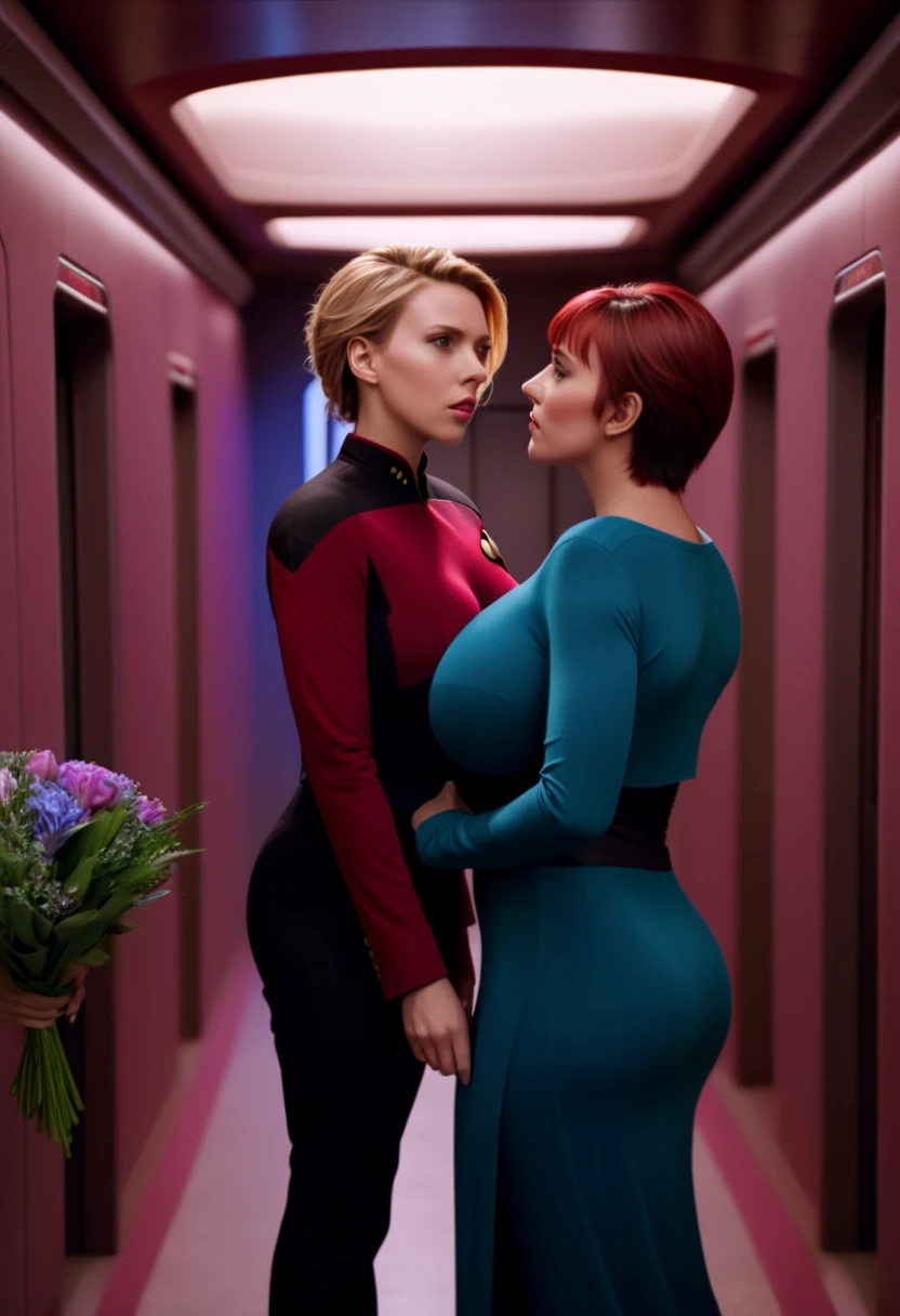 
A beautiful Scarlett Johansson with gigantic breasts in a red Starfleet uniform, holding a bouquet to a Beautiful woman, standing in the hallway of the enterprise, photorealistic 8k, highly detailed, masterpiece, cinematic lighting, hyper-detailed, dramatic composition, vibrant colors, star trek the next generation, lesbian