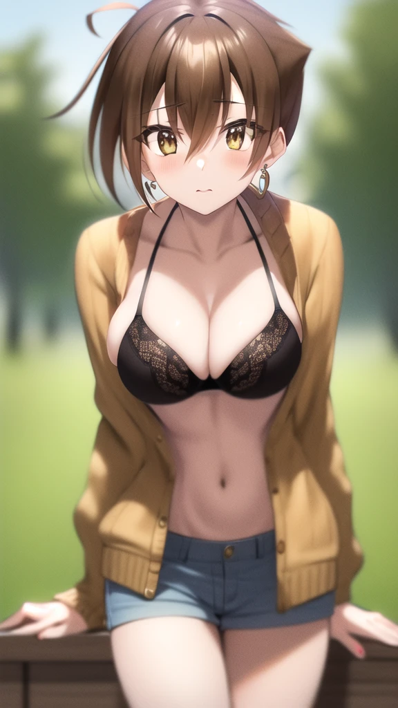 masterpiece, best quality, highres, looking at viewer, girl, solo, issei_hyoudou, brown hair, brown eyes, hair between eyes, large breasts, jewelry, earrings, pink bra, cardigan, short shorts, outdoors, field,