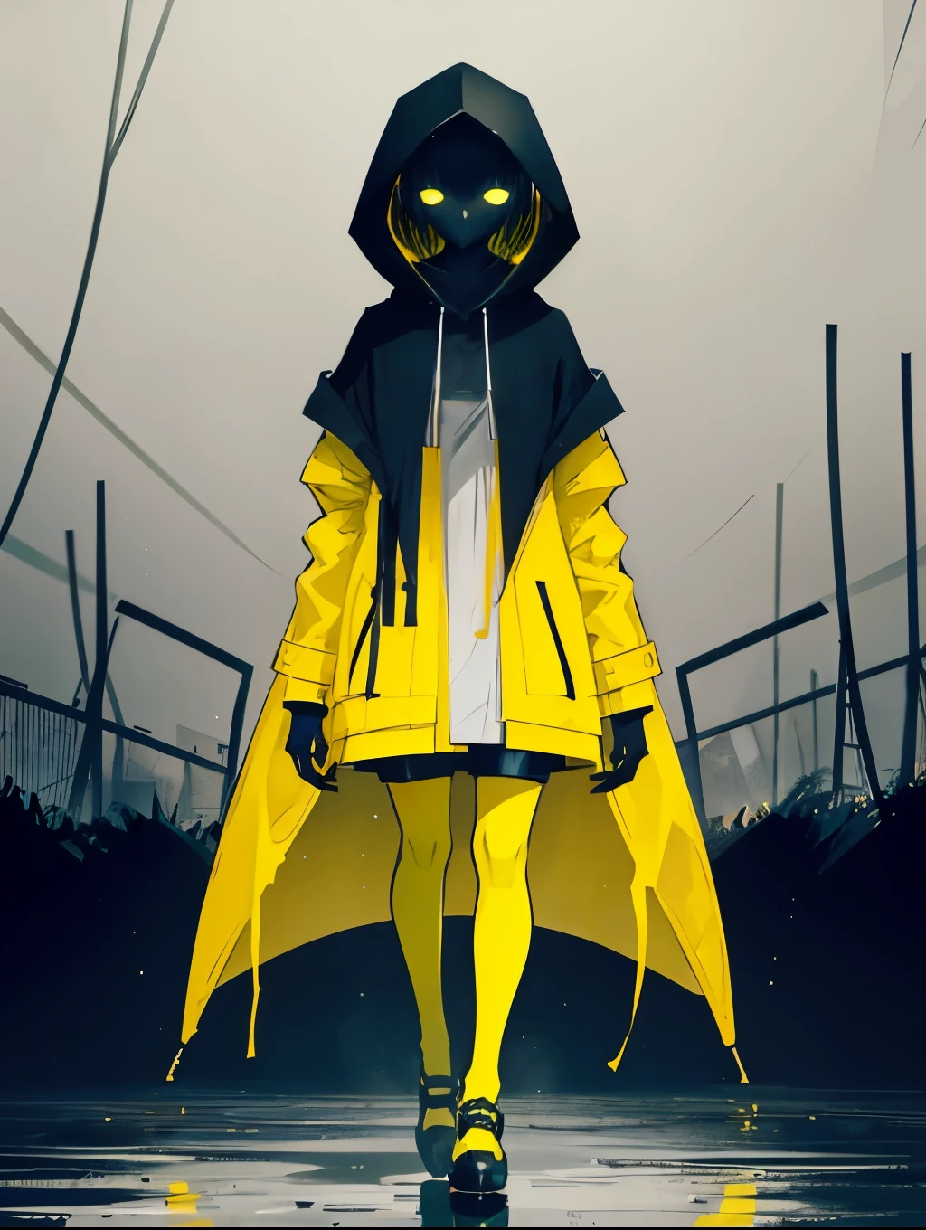 
“Create a dark and atmospheric illustration of a young girl inspired by the character Six from Little Nightmares. The girl wears a slightly oversized yellow raincoat with a hood, her face partially obscured by the shadow of the hood. She has short, unkempt black hair that peeks out when the hood is removed. The character is barefoot, standing in a dimly lit, eerie environment that contrasts sharply with the brightness of her yellow raincoat. Her posture is slightly hunched, reflecting caution and vulnerability, yet her gaze is steady, exuding determination. The surrounding setting is shadowy and oppressive, with muted tones of gray, black, and dark blue, making the yellow of the raincoat the central focus. Use clean lines and subtle texture to emphasize the haunting yet hopeful atmosphere, capturing the sense of both fragility and resilience.”