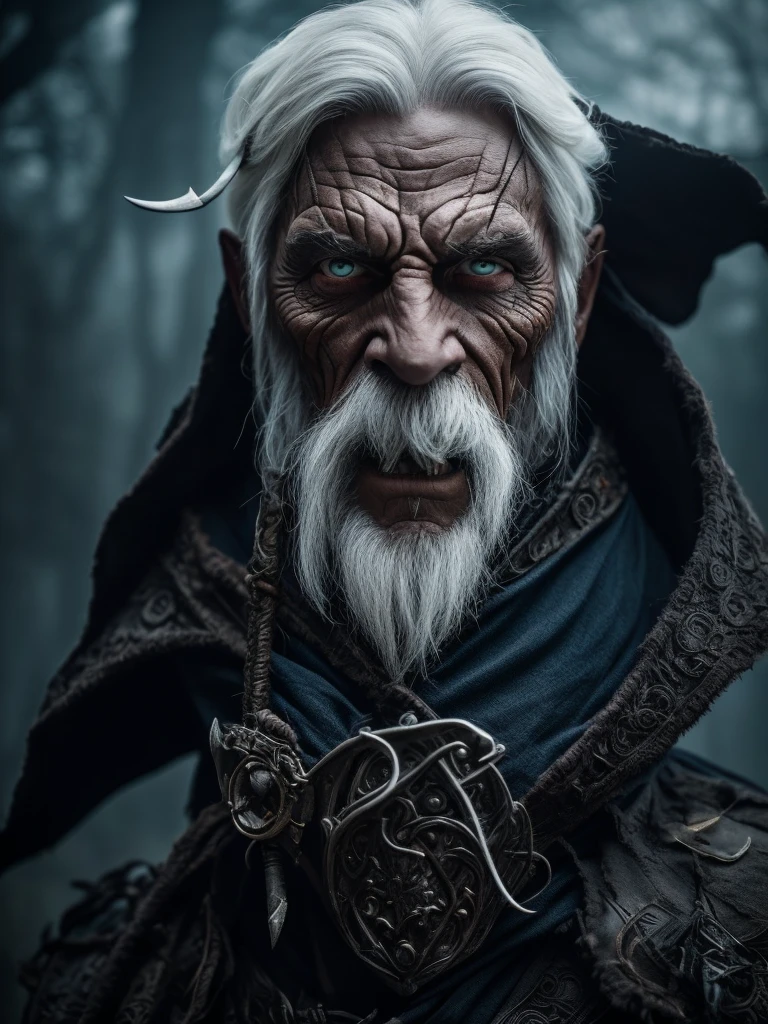 (Realistic:1.5) Best quality, masterpiece, ultra high res, Portrait photo of Gandalf with rotting flesh, exposed bones, and tattered remnants of his iconic costume. His eyes glow with an otherworldly, haunting light, and her expression is a mix of ferocity and hunger. Despite her grotesque appearance, there is an undeniable allure to him as he exudes a dark and menacing presence. The attention to detail in the decayed flesh, the exposed bones, and the tattered costume is astonishing, creating a realistic and chilling portrayal of a zombified Gandalf . On eye level, scenic, masterpiece. (Gandalf :1)