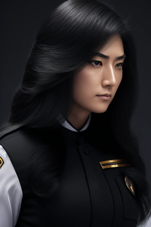 jet black hair,most very long hair,most very lion hair,most very wolf hair,most very frizzy hair,coarse hair,most very spread hairstyle,thick hair,fluffy hair,most very heavy weight hair,hair covering left eye,heavy looking hairstyle,most very voluminous hair,shiny jet black hair,female jail officer,black uniform,a heavy-looking uniform,black pants,tall woman,1 Japanese woman,woman's height 2.2m,most very strong face,most very angry face,black eyes,very close-up to face,most very muscle body,most very beautiful face,show more hair,high resolution,white background