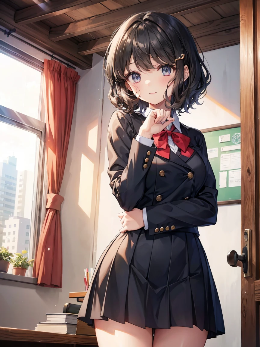 One Girl, Alone,  On, ( shorthair:1.0), black hair, cute, 
smile,
sweat,   heart shaped eyes ,    medium breasted  , 
  half closed eyes,Curly hair , 
 show viewer ,  from below,  concentrate, 
Particles of light,  My Room,
masterpiece,  best quality,   anatomically accurate , Anime ,
viewing angle, Top Girl, 
Whose,  school uniform(The color of the uniform is black),