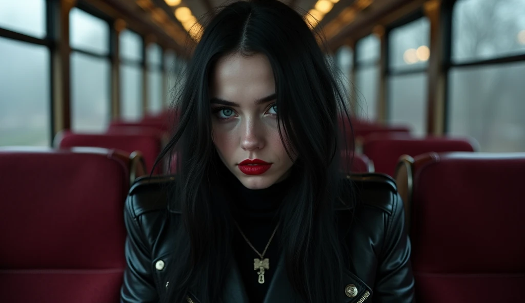 Luis Royo Style young woman, black leather rock style, very white skin, black long hair, red color lipstick on her lips, cold mystery cloudy cost of England, Luis royo, portrait, sitting in a dimly train and staring at the window, empty Burgundy seats