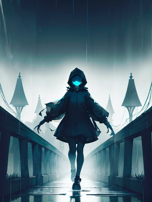 “Create a dark, atmospheric illustration inspired by Six from Little Nightmares. The character is a small, frail girl wearing an oversized yellow raincoat with a hood that completely obscures her face, leaving her identity mysterious. Her thin arms and legs peek out from beneath the coat, emphasizing her vulnerability and eerie presence. She is barefoot, running through a dimly lit, rainy environment. The rain is heavy but soft, with droplets illuminated by occasional faint light in the distance. The background is dark and oppressive, featuring muted shades of gray and blue, with subtle hints of reflective puddles and silhouettes of strange, looming structures.

The overall scene captures a sense of urgency and unease. Despite her fragile appearance, the way she moves suggests resilience and determination, as if she is fleeing from or toward something unknown. Highlight the stark contrast between the bright yellow of her raincoat and the gloomy, shadowy environment, creating a haunting visual where her small figure becomes the only beacon in an otherwise oppressive world.”