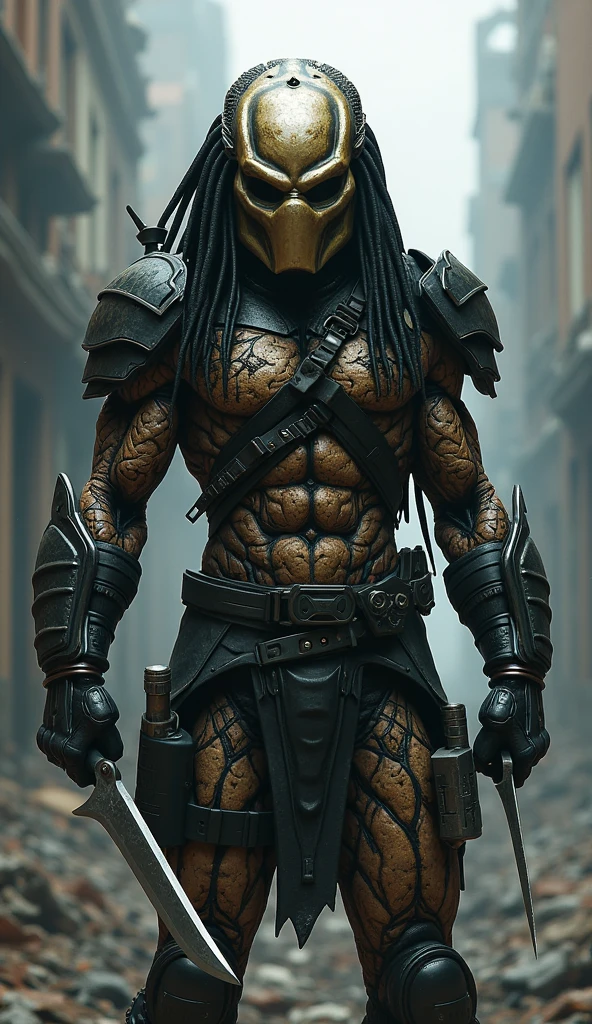 The Predator, wearing tattered and dirty clothes,,begged with a rusty empty can.,Street background,Depth of Field,High-resolution details,masterpiece