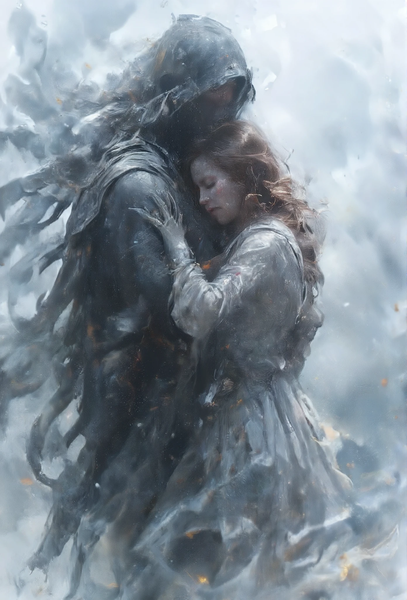 ((masterpiece)) ((photography)) ((Highest quality)) a (((shadow shaped like a man))) embracing a woman with chestnut hair, her expression filled with sadness. watercolor background with subtle shades of gray and blue, creating a melancholic and poetic atmosphere.
