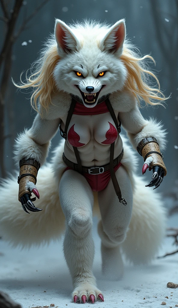 4k highly detailed realistic digital extremely high quality RAW photograph, a portrait photo of margot robbie that lived with wolves her whole life is now leading them to battle. torn clothes exposing (nude:1.4) body, armored pauldrons, fangs, curled horns, big breasts, ((snow and blood)), ((wolf tattoos)), epic, hyperrealistic, hyperrealism, 8k, cinematic lighting, greg rutkowski, wlop, (f1.8 short focus bokeh)