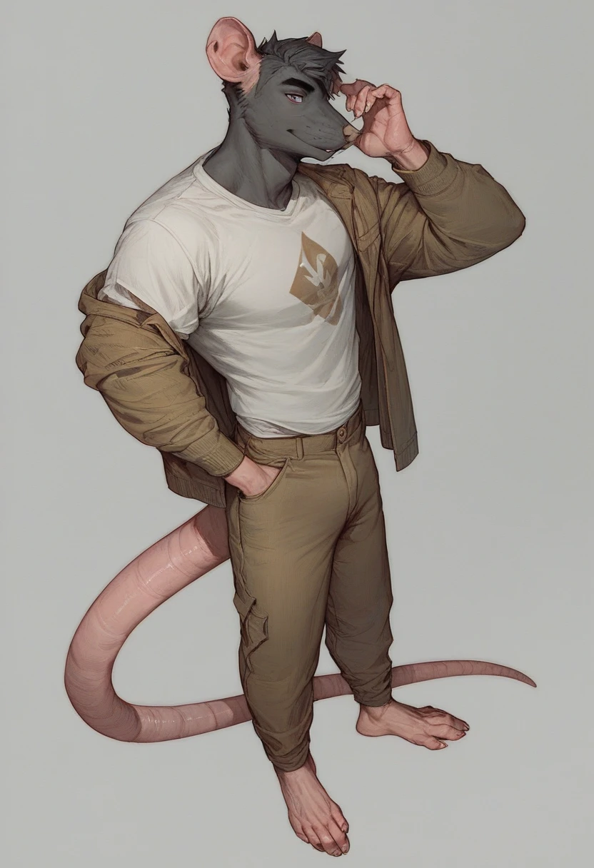 Anthropomorphic male furry rat，Character setting，Dark color scheme，The face is more human-like，Firm eyes, full body design, fullbody portrait, nsfw, no cloth jerking off his dick to the camera