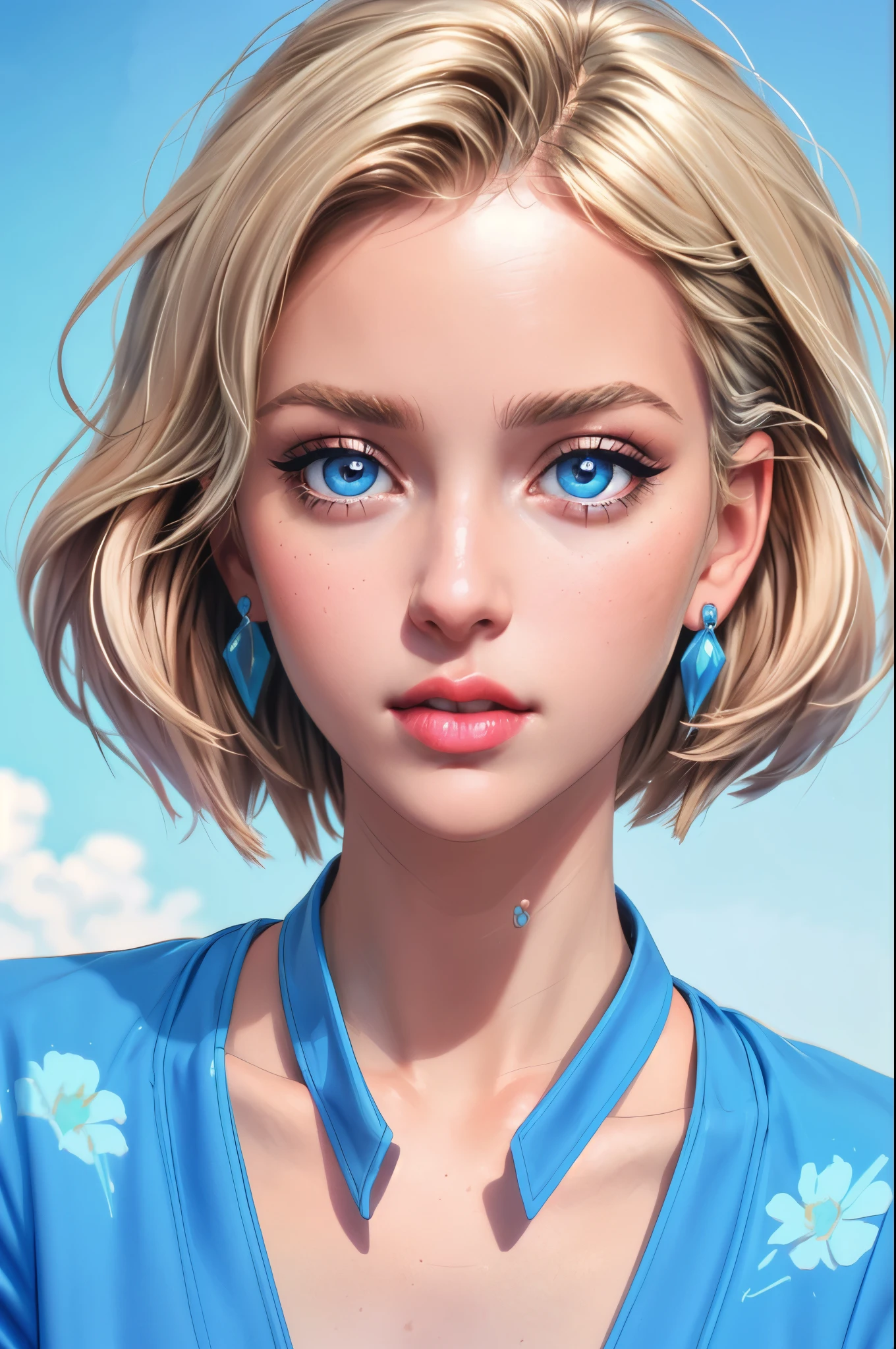a beautiful woman, closeup portrait, perfect slick short blonde hair, (80s photo), (Bright Blue dress), 24mm, (analog, cinematic, film grain:1.3), (plain Cloud Burst Blue background, gradient:1.1), detailed eyes, (seductive pose), (epicPhoto), upper body, (looking at viewer), (painted lips), earrings and necklace