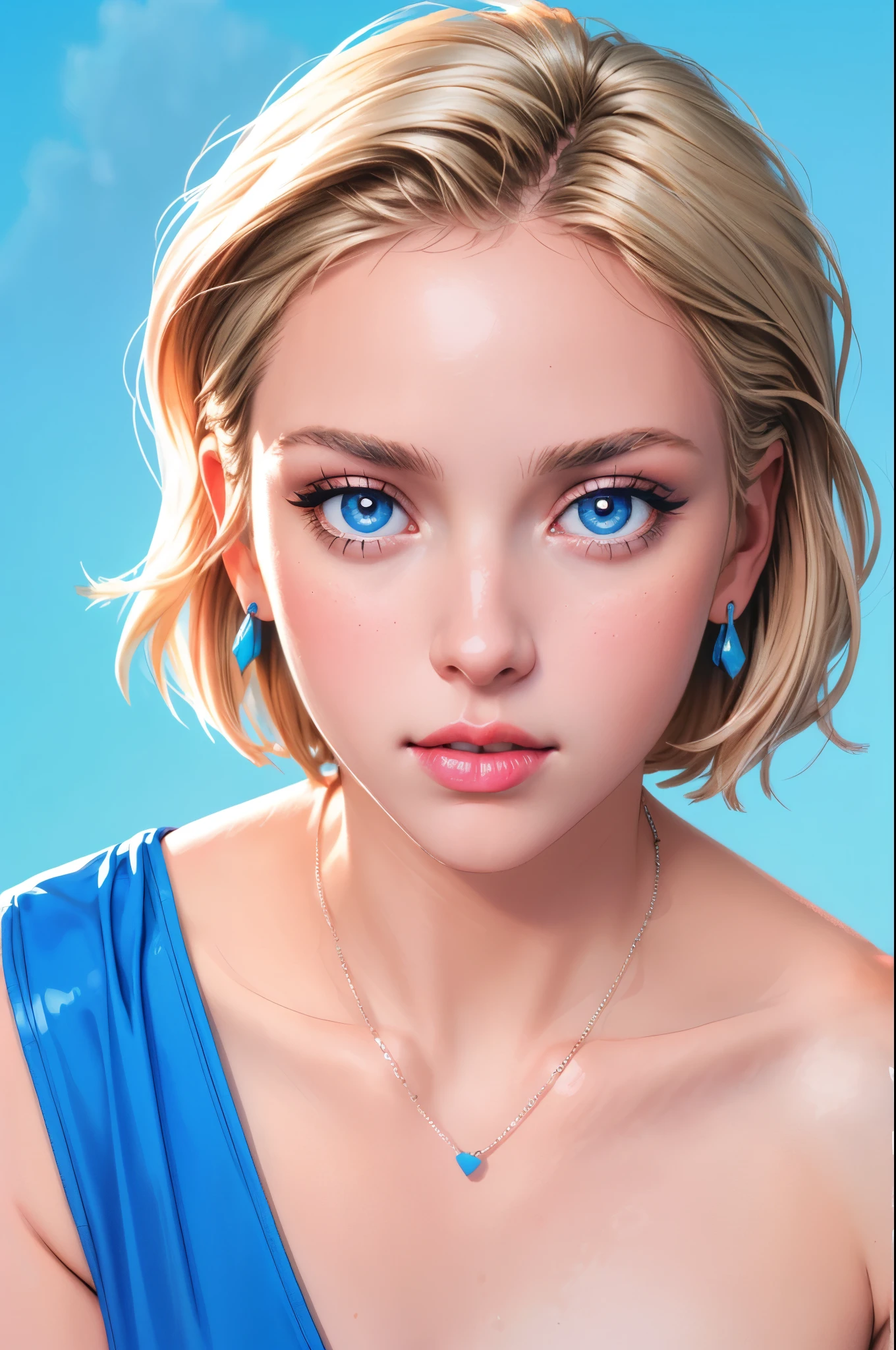 a beautiful woman, closeup portrait, perfect slick short blonde hair, (80s photo), (Bright Blue dress), 24mm, (analog, cinematic, film grain:1.3), (plain Cloud Burst Blue background, gradient:1.1), detailed eyes, (seductive pose), (epicPhoto), upper body, (looking at viewer), (painted lips), earrings and necklace