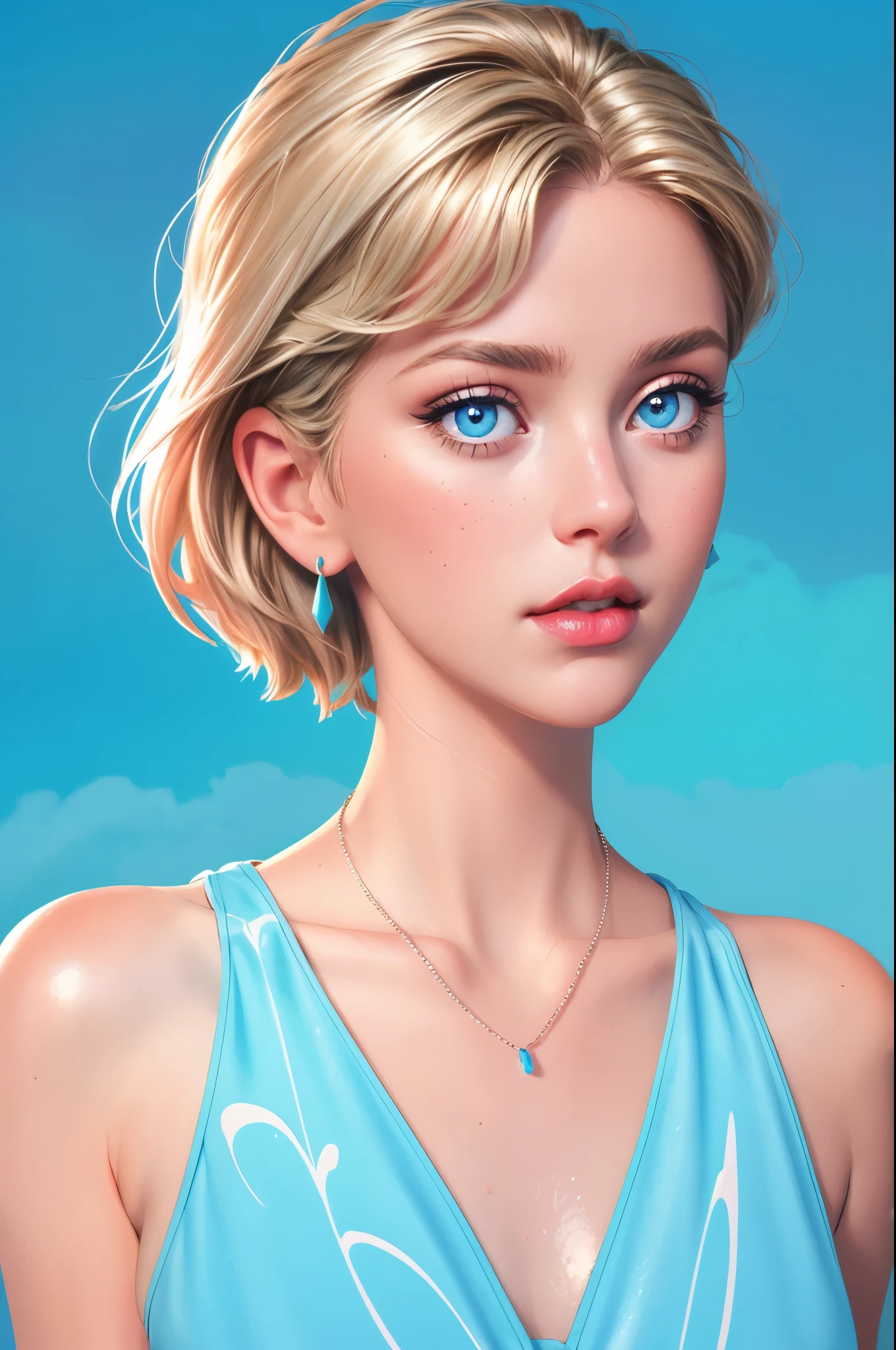 a beautiful woman, closeup portrait, perfect slick short blonde hair, (80s photo), (Bright Blue dress), 24mm, (analog, cinematic, film grain:1.3), (plain Cloud Burst Blue background, gradient:1.1), detailed eyes, (seductive pose), (epicPhoto), upper body, (looking at viewer), (painted lips), earrings and necklace