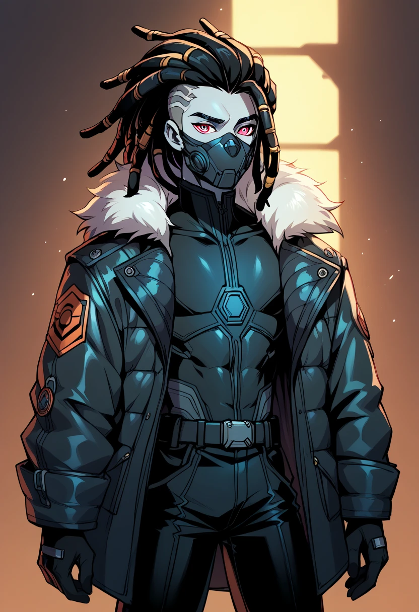 ((Sci-fi Style )),((Best Character Design)) ,human Male,((oc)) ,  solo, gás mask , fur Jacket  ,dreadlock hair