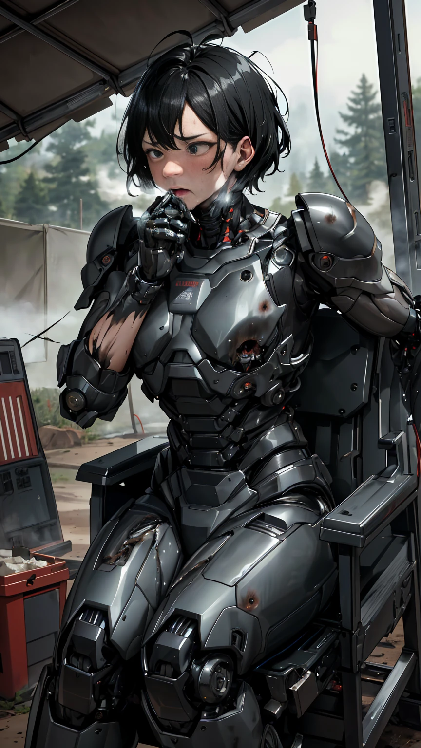 ,   very detailed ,   Graveyard Details   ,  High image quality , 最 High image quality ,   kampala, 1080P 、  smoke coming out of the wound   　、    Steam Coming Out   、cute((全身のSerious damage))(   injured woman wearing a robot suit is leaning against a machine chair...)()(Broken Armor)((   cracks are spreading   ))(Black   smoke coming out of the wound   )   black hair 、  An injured woman with short boyish hair   、Torn Armor、   wet hair  、 Open Your Mouth 、(  steam from the body  が上がる)Sweaty face、It hurts again、Serious damage、、saliva dripping from the mouth、Female university student　　(  Steam is Coming Out of Your Face  ) ((  steam from the body  ))  Visible to the naked eye  　saliva　Outdoor waiting room 　 in a tent