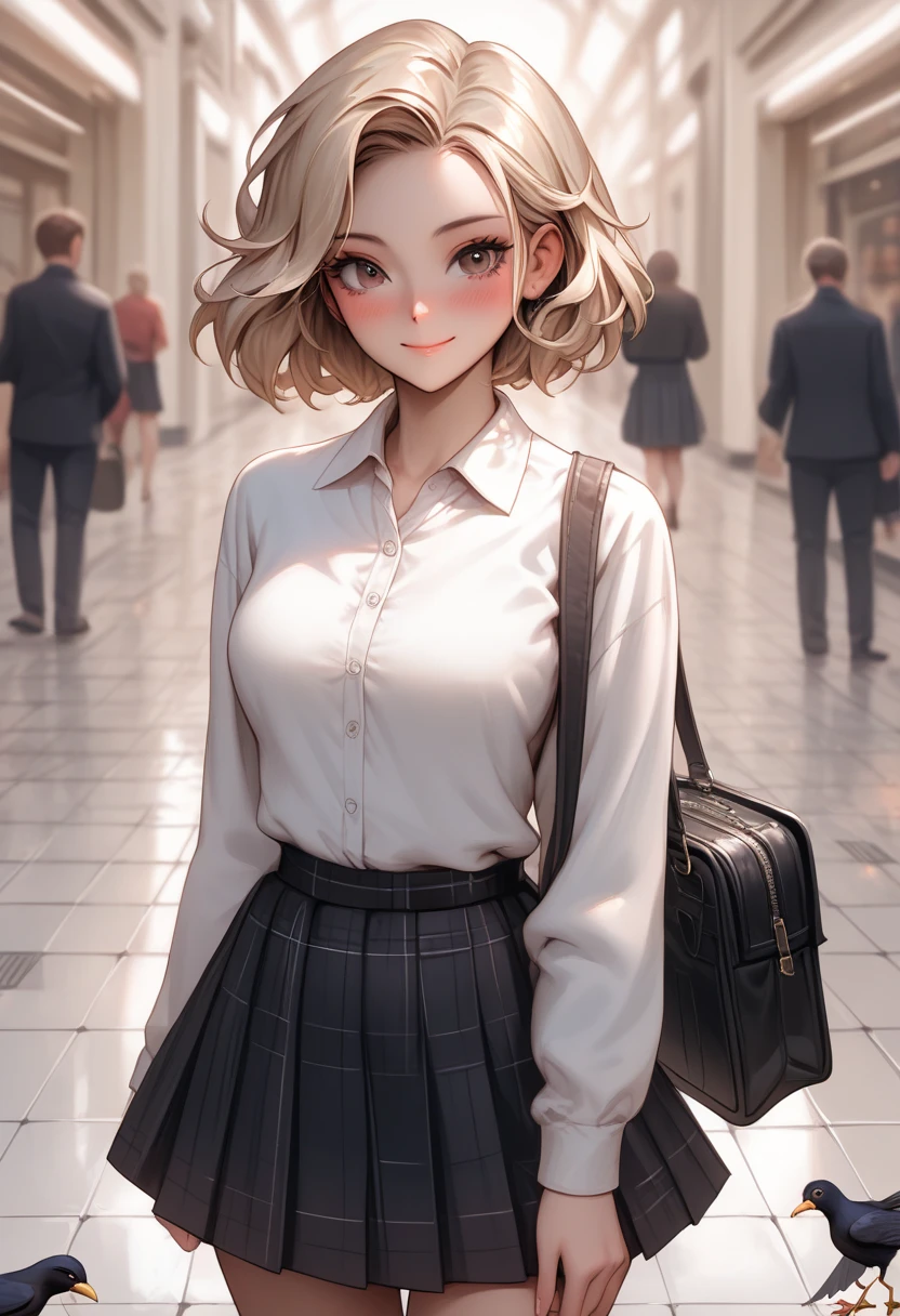 Create a female character with bobbed blond and curly hair, walking around a city, wearing dress clothes white dress shirt and black dress pants, holding books with both hands going to college alone big clothes
