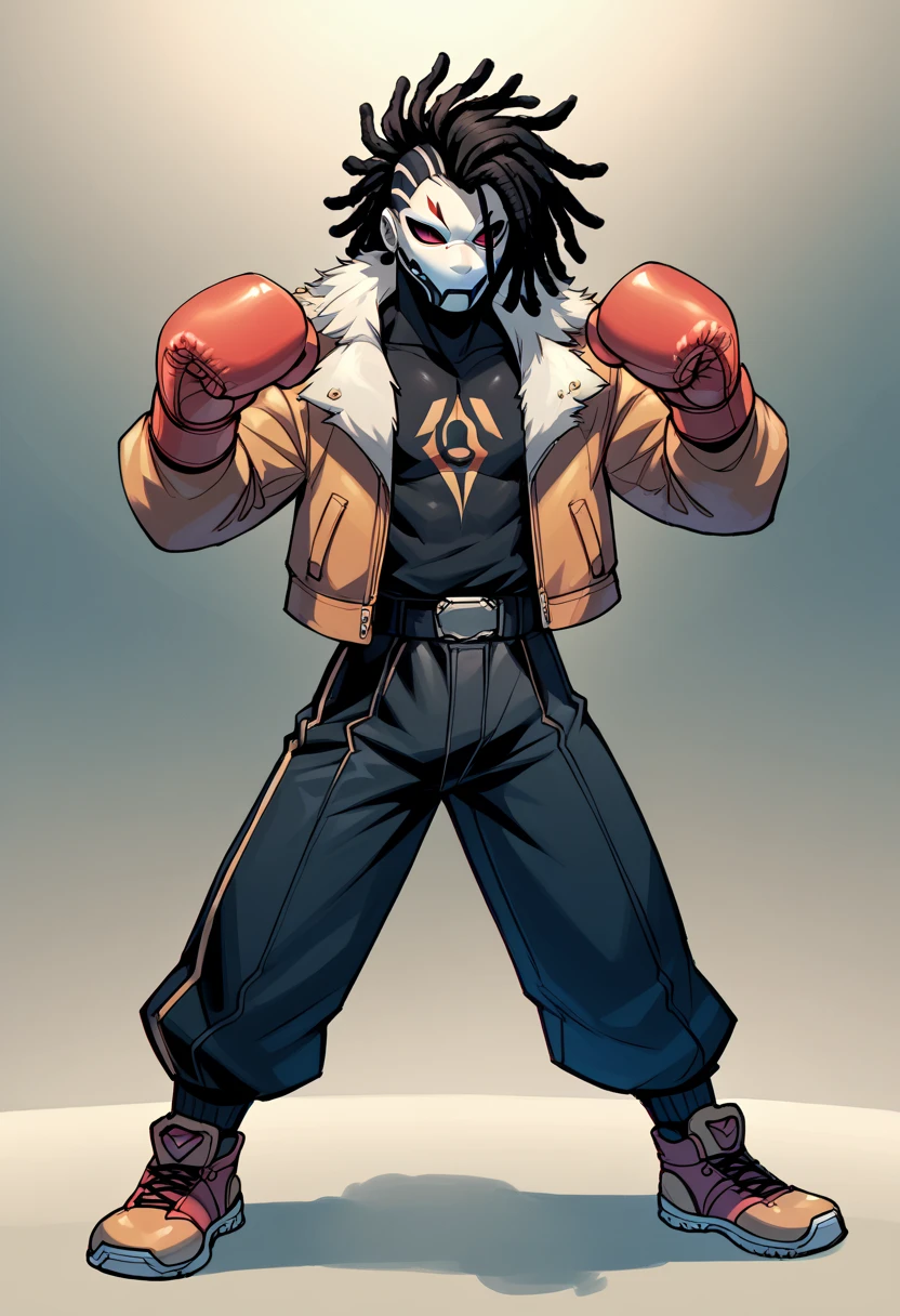 ((Sci-fi Style )),((Best Character Design)) ,human Male,((oc)) ,  solo, gás mask , fur Jacket  ,dreadlock hair ,Full body pose , boxing Gloves 