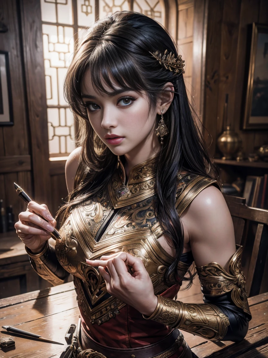 ((Realistic, cinematic, epic, Masterpiece: 1.3)), (raw photo:1.2), Hyperrealist portrait gorgeous Beautiful Chinese tribal female warriors, 30 years old, beautiful serious face, wrinkled face, beautiful detailed charming eyes, (pretty breasts: 1.1), ((tribal warrior tin helmet), (sexy golden native warrior chainmail corset lingerie armor: 1.2), (native brocade fabric armor), (sexy golden brocade warrior minidress)), tribal loin cloth, tribal jewelry, ledge background, legendary warrior style, hand holding a dagger, full body, professional photography, font view, very detailed faces, (merlot red lips, tribal makeup: 1.2), Best quality, 8K, ancient style