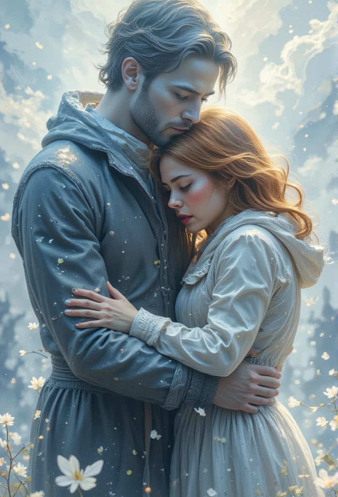 ((masterpiece)) ((photography)) ((Highest quality)) a (((shadow shaped like a man))) embracing a woman with chestnut hair, her expression filled with sadness. watercolor background with subtle shades of gray and blue, creating a melancholic and poetic atmosphere.