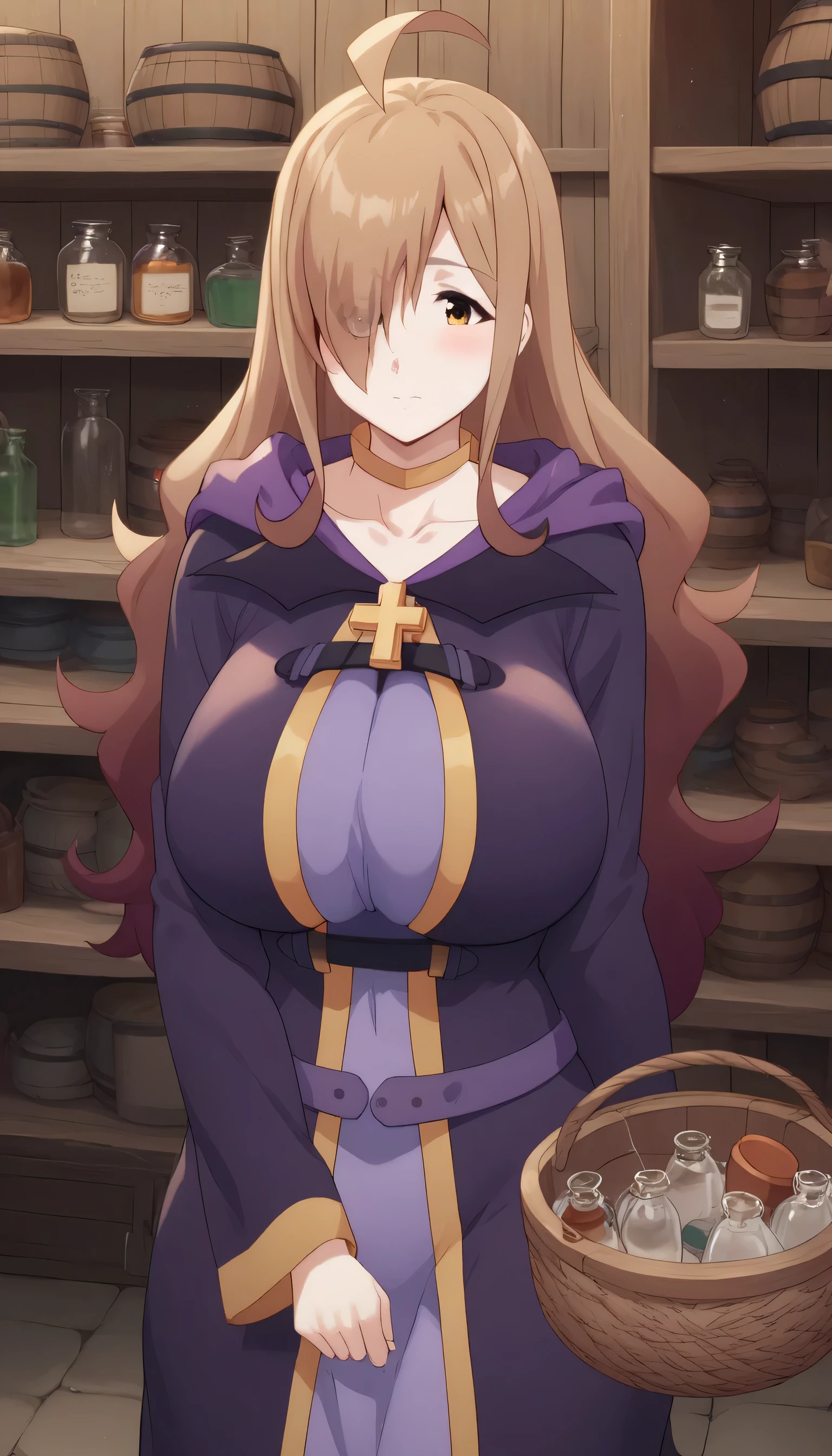 1girl, solo, , bottle, , looking_at_viewer, , shelf , barrel, , Pociones , collarbone, basket , blush , jar , , bangs, indoors , closed_mouth, ,, ,, , bow , pouch ,wiz, ahoge, brown eyes, light brown hair, hair over one eye, long hair,
cross, dress, hood, hood down, jewelry, latin cross, long dress, long sleeves, purple dress, robe, purple robe,huge breast,