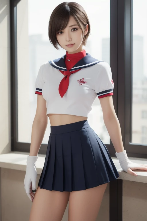 sakurakasugano, sakura kasugano, (brown eyes:1.7), brown hair, short hair,
BREAK ankle socks, blue skirt, crop top, headband, midriff, miniskirt, navel, sailor collar, school uniform, shoes, short sleeves, skirt, sneakers, socks, stomach, shirt, white shirt, white headband, gloves, red gloves,
BREAK cowboy shot, looking at viewer,
BREAK indoors, classroom,
BREAK (masterpiece:1.2), best quality, high resolution, unity 8k wallpaper, (illustration:0.8), (beautiful detailed eyes:1.6), extremely detailed face, perfect lighting, extremely detailed CG, (perfect hands, perfect anatomy),