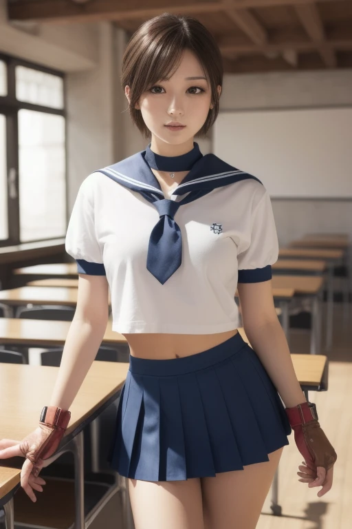 sakurakasugano, sakura kasugano, (brown eyes:1.7), brown hair, short hair,
BREAK ankle socks, blue skirt, crop top, headband, midriff, miniskirt, navel, sailor collar, school uniform, shoes, short sleeves, skirt, sneakers, socks, stomach, shirt, white shirt, white headband, gloves, red gloves,
BREAK cowboy shot, looking at viewer,
BREAK indoors, classroom,
BREAK (masterpiece:1.2), best quality, high resolution, unity 8k wallpaper, (illustration:0.8), (beautiful detailed eyes:1.6), extremely detailed face, perfect lighting, extremely detailed CG, (perfect hands, perfect anatomy),