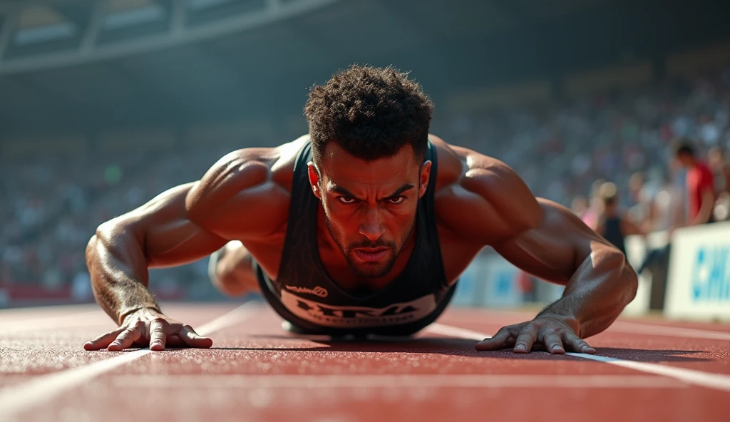 The athlete falls but does not give up