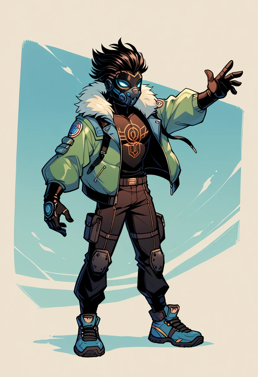 ((Sci-fi Style )),((Best Character Design)) ,human Male,((oc)) ,  solo, gás mask , fur Jacket  ,dreadlock short hair ,Full body pose  