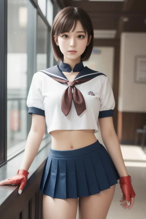 sakurakasugano, sakura kasugano, (brown eyes:1.7), brown hair, short hair,
BREAK ankle socks, blue skirt, crop top, headband, midriff, miniskirt, navel, sailor collar, school uniform, shoes, short sleeves, skirt, sneakers, socks, stomach, shirt, white shirt, white headband, gloves, red gloves,
BREAK cowboy shot, looking at viewer,
BREAK indoors, classroom,
BREAK (masterpiece:1.2), best quality, high resolution, unity 8k wallpaper, (illustration:0.8), (beautiful detailed eyes:1.6), extremely detailed face, perfect lighting, extremely detailed CG, (perfect hands, perfect anatomy),