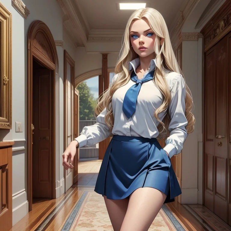  masterpiece ,  Anatomically correct, work of art,detailed art, Young Russian college girl ,18 years old, silky long blond hair , Blue Eyes, thin lips,  wearing blue blouse with white collar ,gray tie, knee-length round blue skirt , soft and delicate white skin tone , knee-length white socks ,  scenery university runners ,closets around ,  character in the center looking at the spectator. tall details, College student standing in the middle of the hallway 