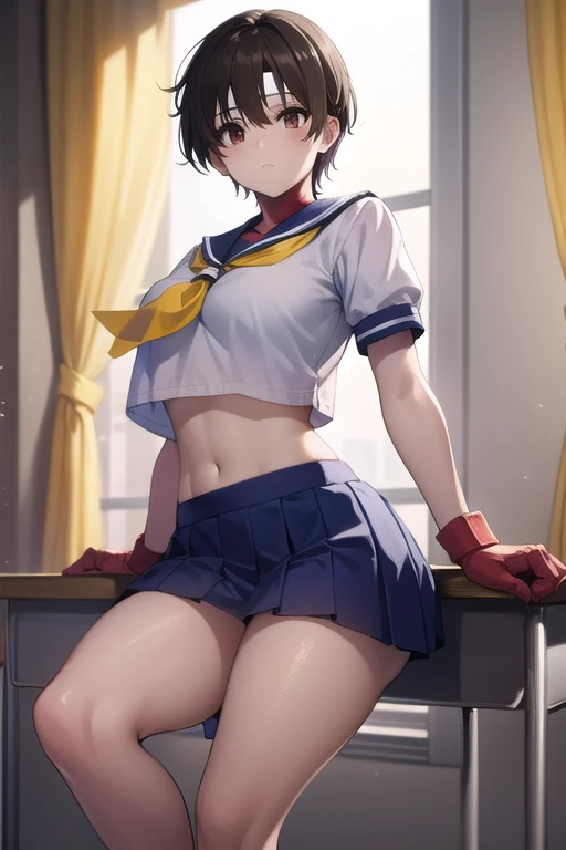 sakurakasugano, sakura kasugano, (brown eyes:1.7), brown hair, short hair,
BREAK ankle socks, blue skirt, crop top, headband, midriff, miniskirt, navel, sailor collar, school uniform, shoes, short sleeves, skirt, sneakers, socks, stomach, shirt, white shirt, white headband, gloves, red gloves,
BREAK cowboy shot, looking at viewer,
BREAK indoors, classroom,
BREAK (masterpiece:1.2), best quality, high resolution, unity 8k wallpaper, (illustration:0.8), (beautiful detailed eyes:1.6), extremely detailed face, perfect lighting, extremely detailed CG, (perfect hands, perfect anatomy),