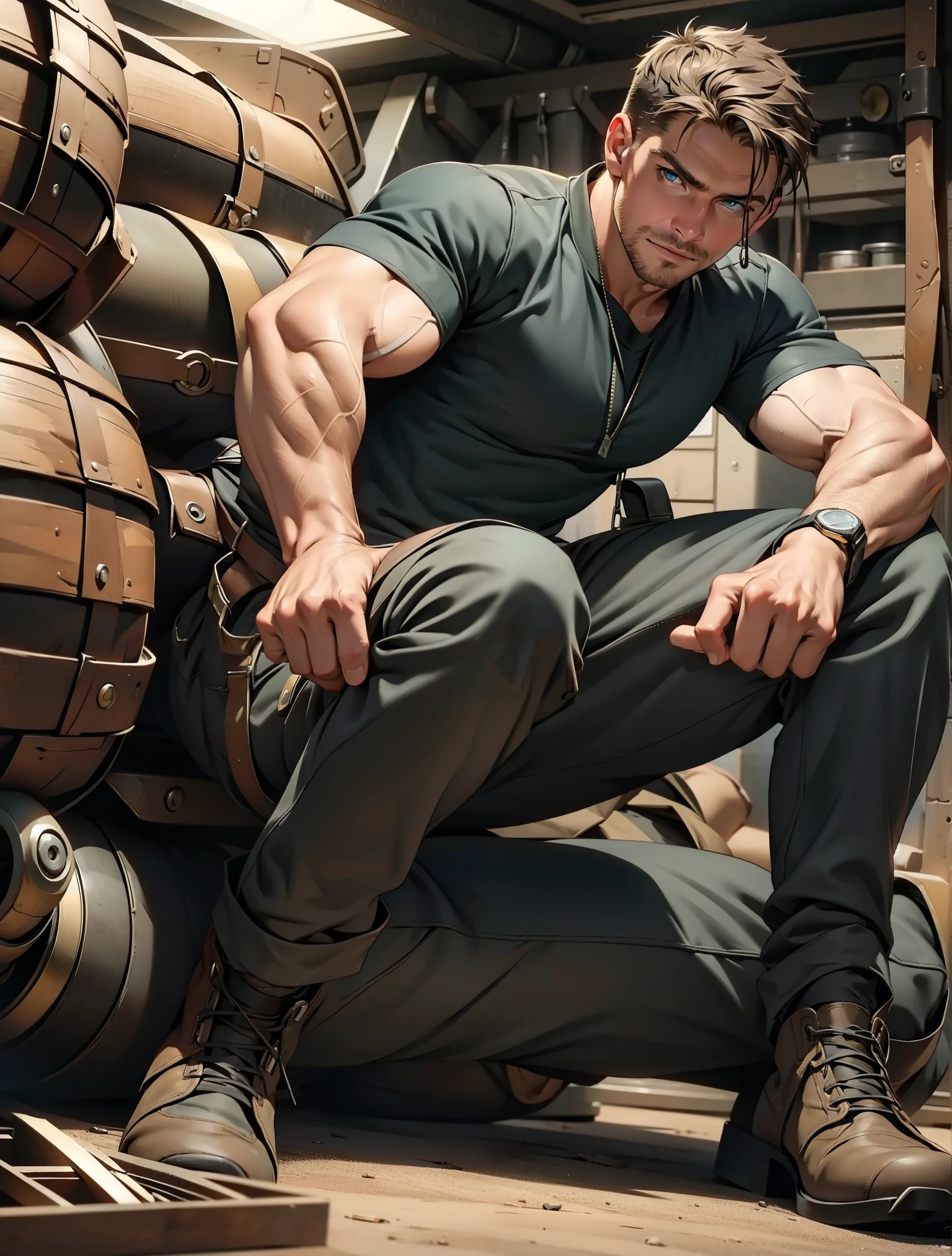 masterpiece, best quality face, natural eyes,mature man, muscled and mature, stephen amell as a mechanic man, sweating, full body