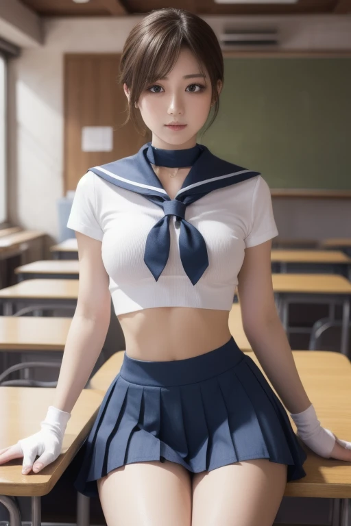 sakurakasugano, sakura kasugano, (brown eyes:1.7), brown hair, short hair,
BREAK ankle socks, blue skirt, crop top, headband, midriff, miniskirt, navel, sailor collar, school uniform, shoes, short sleeves, skirt, sneakers, socks, stomach, shirt, white shirt, white headband, gloves, red gloves,
BREAK cowboy shot, looking at viewer,
BREAK indoors, classroom,
BREAK (masterpiece:1.2), best quality, high resolution, unity 8k wallpaper, (illustration:0.8), (beautiful detailed eyes:1.6), extremely detailed face, perfect lighting, extremely detailed CG, (perfect hands, perfect anatomy),