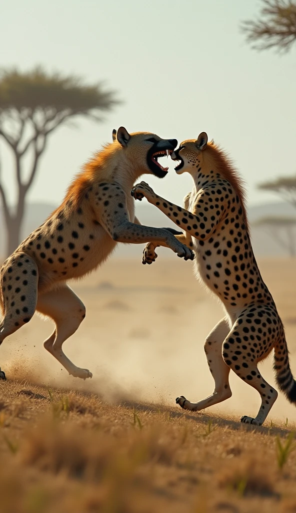 A dramatic scene depicts a cheetah and a hyena facing off in a fierce confrontation. Both animals are shown with open mouths, showcasing their teeth. The cheetah, with distinctive spotted fur, stands in a powerful posture, while the hyena, also spotted, appears aggressive. The background features a savanna landscape with dramatic clouds, and a bold vs graphic emphasizes the tension of their clash. Dust and debris are kicked up from their interaction, adding to the intensity of the moment.