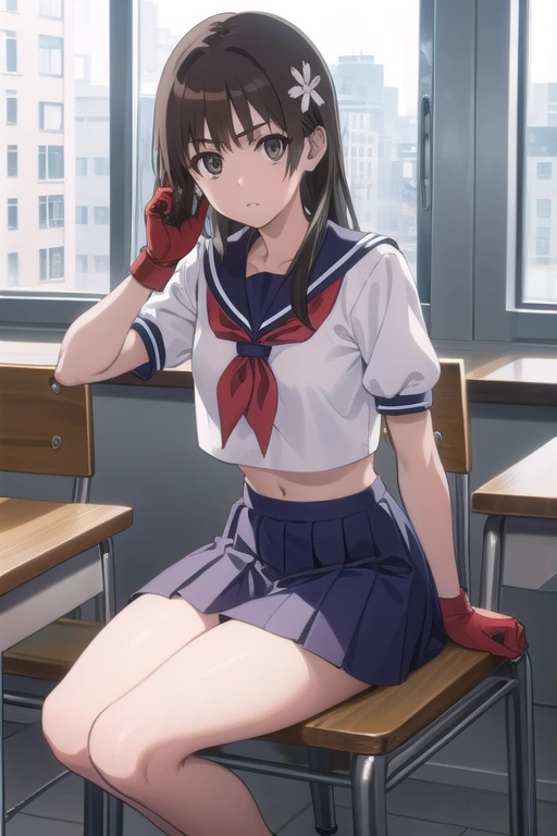 sakurakasugano, sakura kasugano, (brown eyes:1.7), brown hair, short hair,
BREAK ankle socks, blue skirt, crop top, headband, midriff, miniskirt, navel, sailor collar, school uniform, shoes, short sleeves, skirt, sneakers, socks, stomach, shirt, white shirt, white headband, gloves, red gloves,
BREAK cowboy shot, looking at viewer,
BREAK indoors, classroom,
BREAK (masterpiece:1.2), best quality, high resolution, unity 8k wallpaper, (illustration:0.8), (beautiful detailed eyes:1.6), extremely detailed face, perfect lighting, extremely detailed CG, (perfect hands, perfect anatomy),