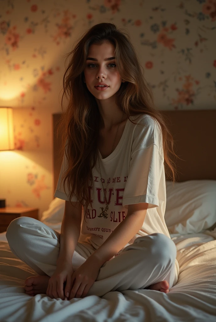 Cinematography, professional photo, high quality, 8K Ultra HD, hyper-realistic portrait, girl with red hair, hs;bvb djkjcfvb 90-60-90 beautiful in stylish pajamas sitting on the bed