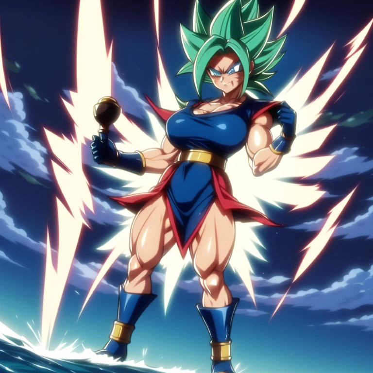 kale (berserker) trasformation from dragon ball, dragon ball style, saiyan female, muscular, curvy, ABS, full body