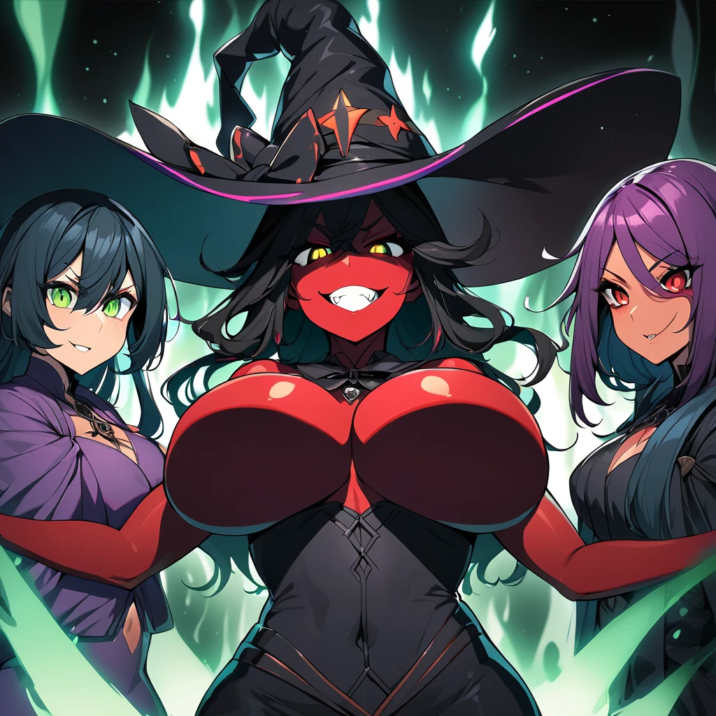 Anime, 3 girls, long hair, Blondies, curvy body, big breasts, posing together, Wearing pop witch's clothes, witch's hat, serious (( nonchalant)), flame aura