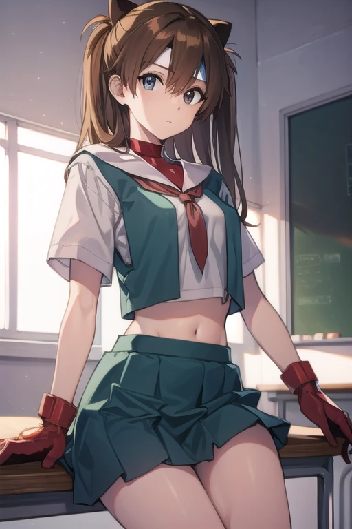 sakurakasugano, sakura kasugano, (brown eyes:1.7), brown hair, short hair,
BREAK ankle socks, blue skirt, crop top, headband, midriff, miniskirt, navel, sailor collar, school uniform, shoes, short sleeves, skirt, sneakers, socks, stomach, shirt, white shirt, white headband, gloves, red gloves,
BREAK cowboy shot, looking at viewer,
BREAK indoors, classroom,
BREAK (masterpiece:1.2), best quality, high resolution, unity 8k wallpaper, (illustration:0.8), (beautiful detailed eyes:1.6), extremely detailed face, perfect lighting, extremely detailed CG, (perfect hands, perfect anatomy),