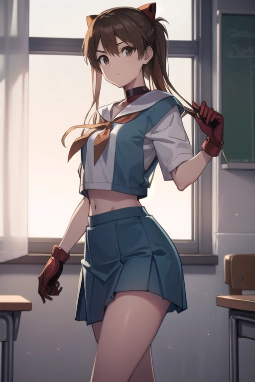 sakurakasugano, sakura kasugano, (brown eyes:1.7), brown hair, short hair,
BREAK ankle socks, blue skirt, crop top, headband, midriff, miniskirt, navel, sailor collar, school uniform, shoes, short sleeves, skirt, sneakers, socks, stomach, shirt, white shirt, white headband, gloves, red gloves,
BREAK cowboy shot, looking at viewer,
BREAK indoors, classroom,
BREAK (masterpiece:1.2), best quality, high resolution, unity 8k wallpaper, (illustration:0.8), (beautiful detailed eyes:1.6), extremely detailed face, perfect lighting, extremely detailed CG, (perfect hands, perfect anatomy),