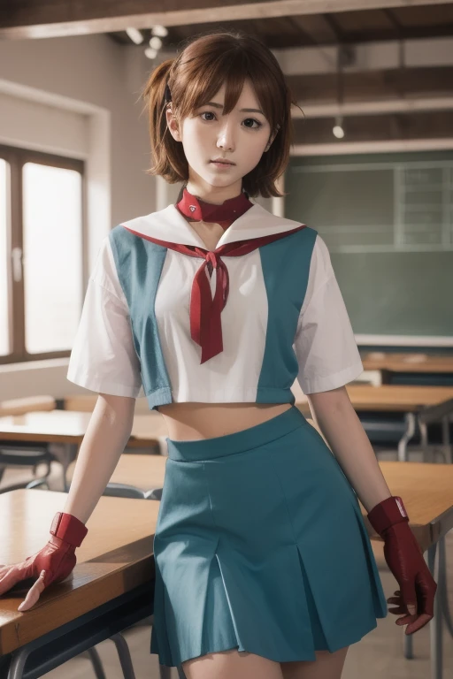 sakurakasugano, sakura kasugano, (brown eyes:1.7), brown hair, short hair,
BREAK ankle socks, blue skirt, crop top, headband, midriff, miniskirt, navel, sailor collar, school uniform, shoes, short sleeves, skirt, sneakers, socks, stomach, shirt, white shirt, white headband, gloves, red gloves,
BREAK cowboy shot, looking at viewer,
BREAK indoors, classroom,
BREAK (masterpiece:1.2), best quality, high resolution, unity 8k wallpaper, (illustration:0.8), (beautiful detailed eyes:1.6), extremely detailed face, perfect lighting, extremely detailed CG, (perfect hands, perfect anatomy),