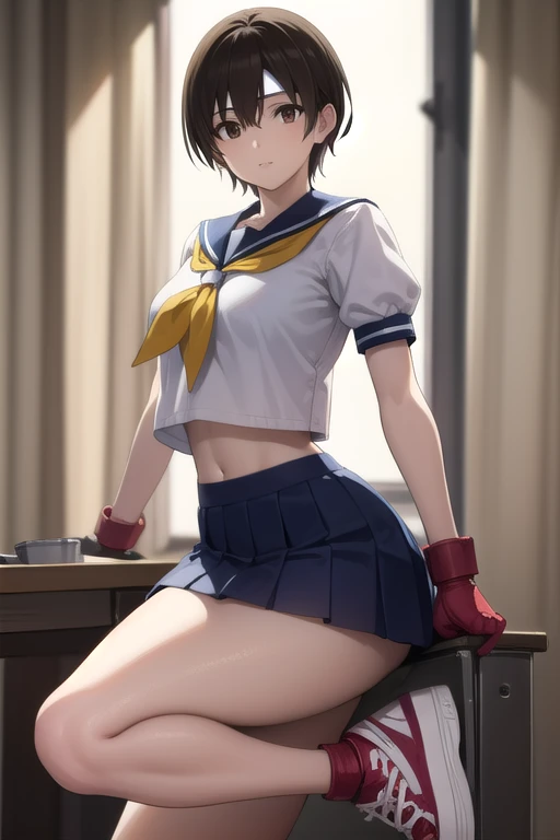 sakurakasugano, sakura kasugano, (brown eyes:1.7), brown hair, short hair,
BREAK ankle socks, blue skirt, crop top, headband, midriff, miniskirt, navel, sailor collar, school uniform, shoes, short sleeves, skirt, sneakers, socks, stomach, shirt, white shirt, white headband, gloves, red gloves,
BREAK cowboy shot, looking at viewer,
BREAK indoors, classroom,
BREAK (masterpiece:1.2), best quality, high resolution, unity 8k wallpaper, (illustration:0.8), (beautiful detailed eyes:1.6), extremely detailed face, perfect lighting, extremely detailed CG, (perfect hands, perfect anatomy),