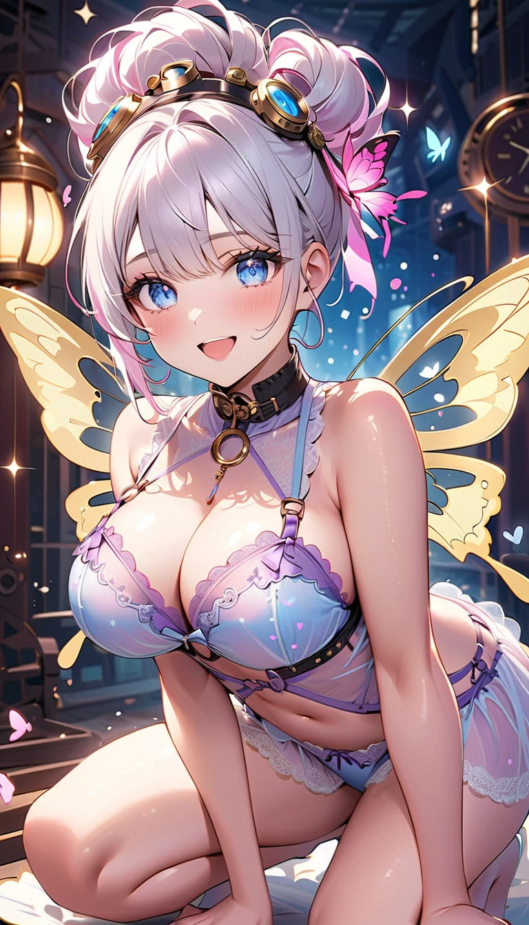 squat、Light white hair 、smile、 opens her mouth 、 dynamic poses、Steampunk.sweat、vapor、Gross、  Detailed Beautiful Faces and Eyes  ，( Blue eyes )(  viewers)(Big Breasts) " (  hair up style  ) pink color short hair, Sparkling Butterfly々  、translucent ,  Brilliant Delicate Embroidered Pastel Purple Transparent Sexy Lingerie That Reflects Colorful Light .  The background is sprinkled with even more sparkling hearts and sparkles , Dreamy, Sparkling atmosphere ."