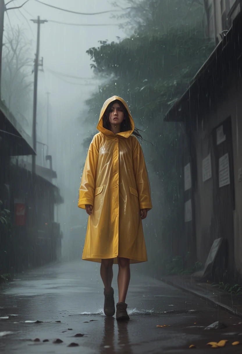 Create a cinematic, highly atmospheric illustration inspired by Six from Little Nightmares. The scene depicts a small, frail girl running from left to right in the rain, wearing an oversized yellow raincoat. The raincoat’s bright, saturated yellow is striking against the dark, muted tones of the surrounding environment. The hood is pulled up, obscuring her face entirely in deep black shadows, adding an air of mystery and unease. Her thin, fragile arms and legs are visible, emphasizing her delicate, vulnerable appearance while she moves with determination through the oppressive atmosphere.

The setting is a realistic depiction of a heavy rainstorm: droplets of water cascade around her, illuminated by faint, diffused lighting from an unseen source. The ground is slick with puddles reflecting her motion, and the air feels thick with moisture. The background is ominous, with faint silhouettes of looming, distorted structures barely visible through the curtain of rain.

The composition captures the dynamic motion of Six as she runs through the rain, her small figure appearing both vulnerable and defiant. Emphasize the texture of the rain, the contrast of the bright yellow raincoat against the gray-blue tones of the environment, and the haunting atmosphere of the scene. Keep the face entirely hidden in shadow, preserving the mystery of her identity.”